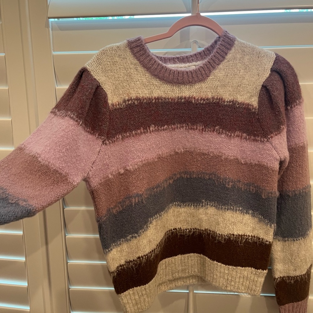 Heartloom Pink and Brown Crew Neck Sweater with Striped Pattern